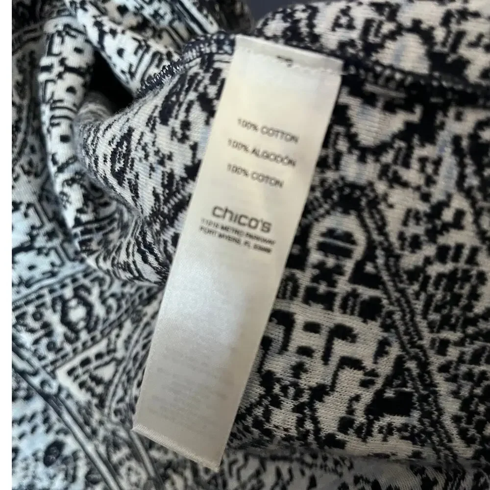 Chico’s Navy Blue White Print Cotton Open Front Cardigan 3/4 sleeve Size 2 M/L